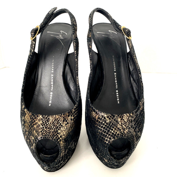 Giuseppe Zanotti Embossed Snakeskin Platform Pump Slingback Gold Black Peep 35 - Picture 4 of 9